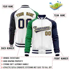 White Navy-Kelly Green Varsity Full-Zip Raglan Sleeves Letterman Baseball Jacket 4