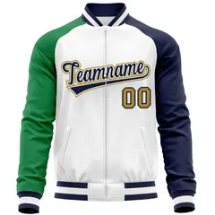 White Navy-Kelly Green Varsity Full-Zip Raglan Sleeves Letterman Baseball Jacket 5