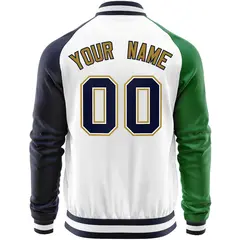 White Navy-Kelly Green Varsity Full-Zip Raglan Sleeves Letterman Baseball Jacket 6