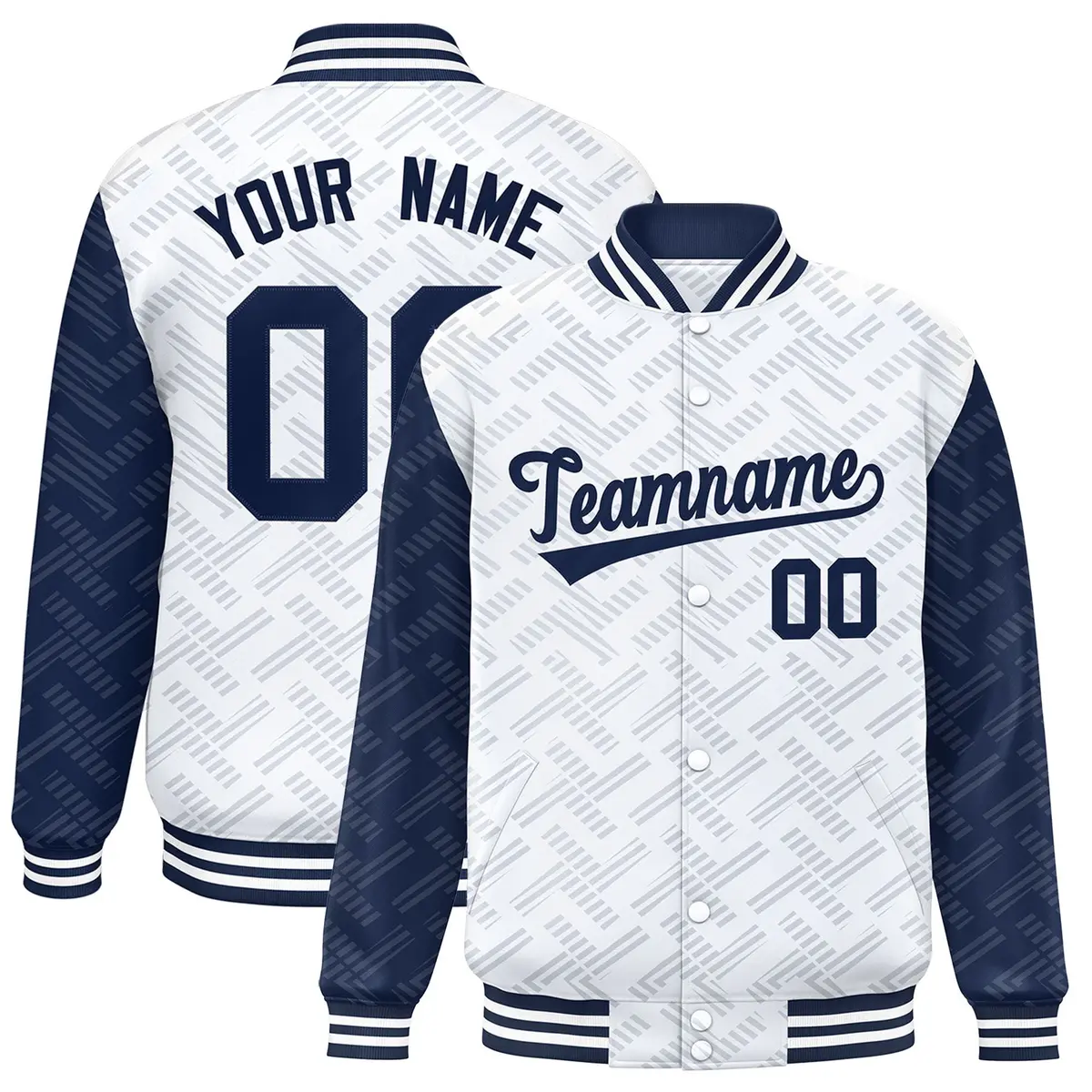 White Navy L Pattern Raglan Varsity Letterman Baseball Jacket