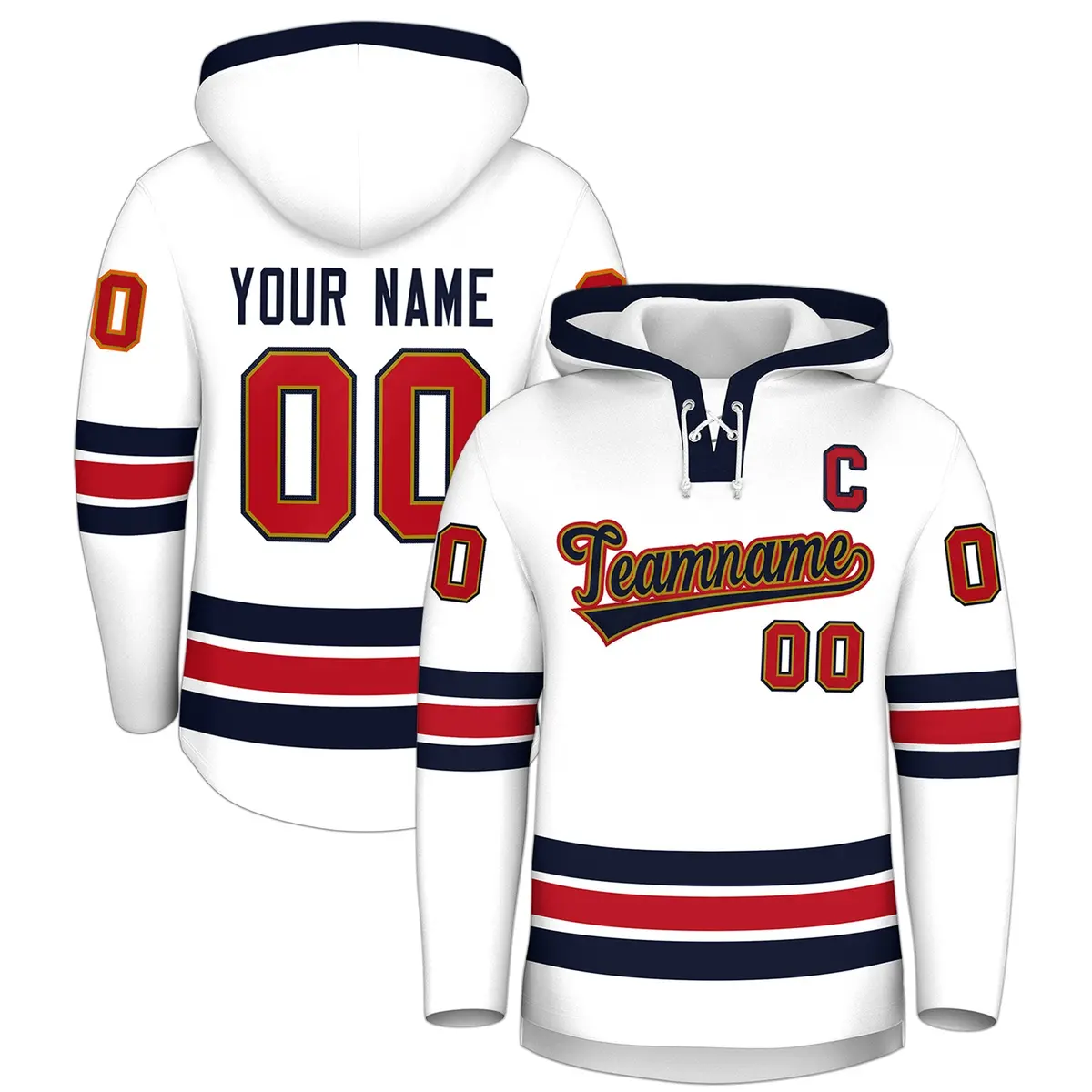 White Navy Lace-Up Neck Hockey Hoodie Classic Style
