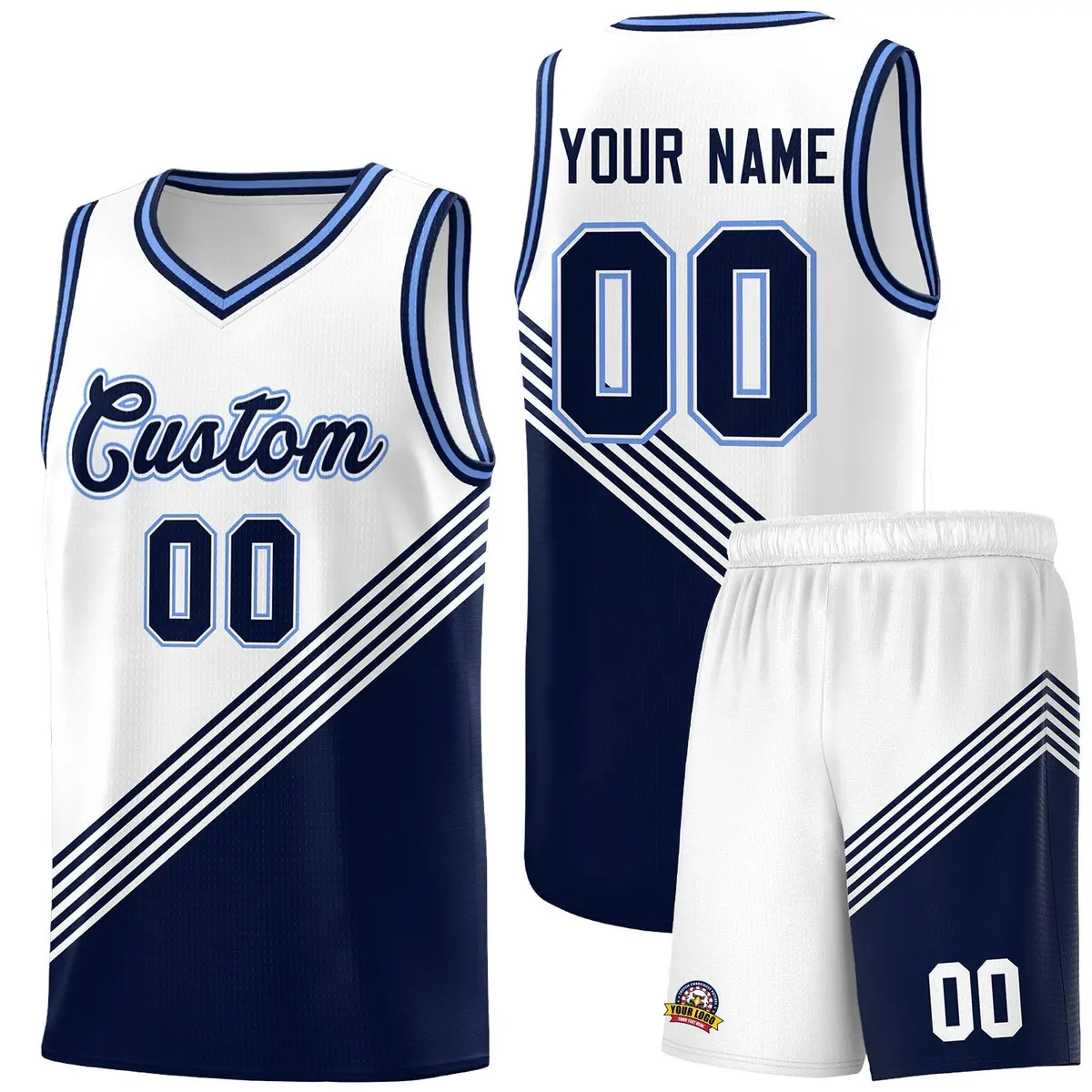 White Navy Light Blue Diagonal Stripe Color Block Basketball Jersey