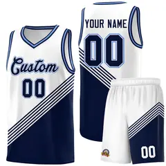 White Navy Light Blue Diagonal Stripe Color Block Basketball Jersey