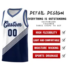 White Navy Light Blue Diagonal Stripe Color Block Basketball Jersey 2