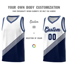 White Navy Light Blue Diagonal Stripe Color Block Basketball Jersey 3