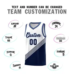 White Navy Light Blue Diagonal Stripe Color Block Basketball Jersey 4
