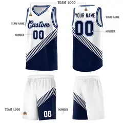 White Navy Light Blue Diagonal Stripe Color Block Basketball Jersey 5