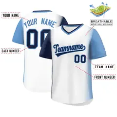 White Navy-Light Blue Raglan Pullover Baseball Jersey 2