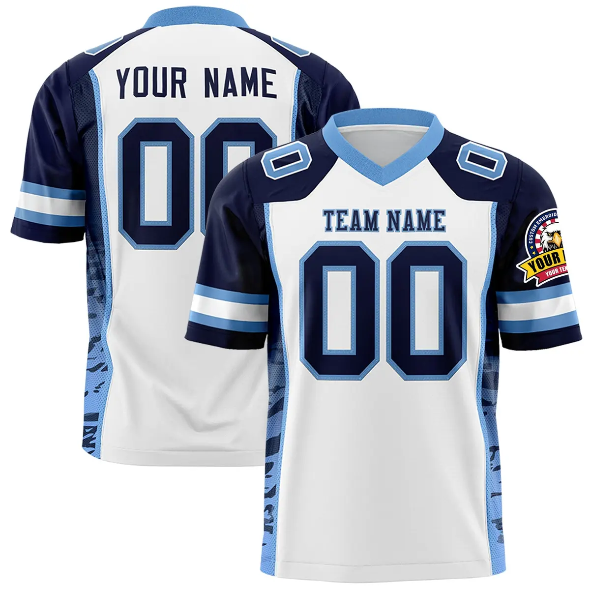 White Navy-Light Blue Raglan Side Pattern Football Jersey