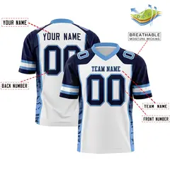 White Navy-Light Blue Raglan Side Pattern Football Jersey 2