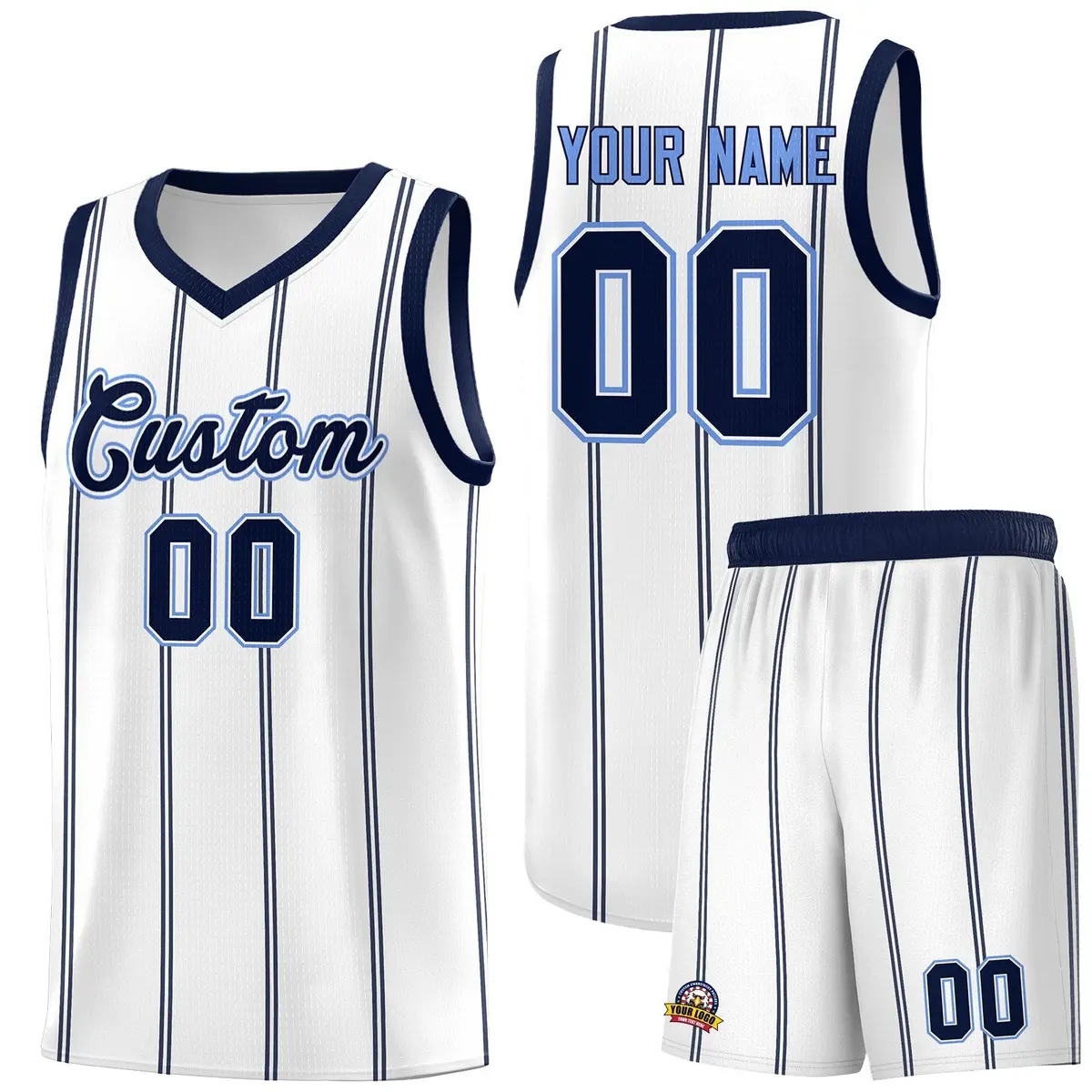 White Navy Light Blue Vertical Stripes Basketball Jersey Set