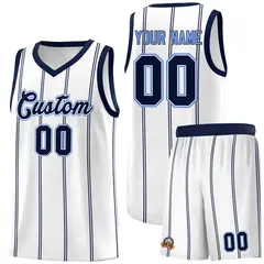 White Navy Light Blue Vertical Stripes Basketball Jersey Set