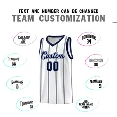 White Navy Light Blue Vertical Stripes Basketball Jersey Set 4