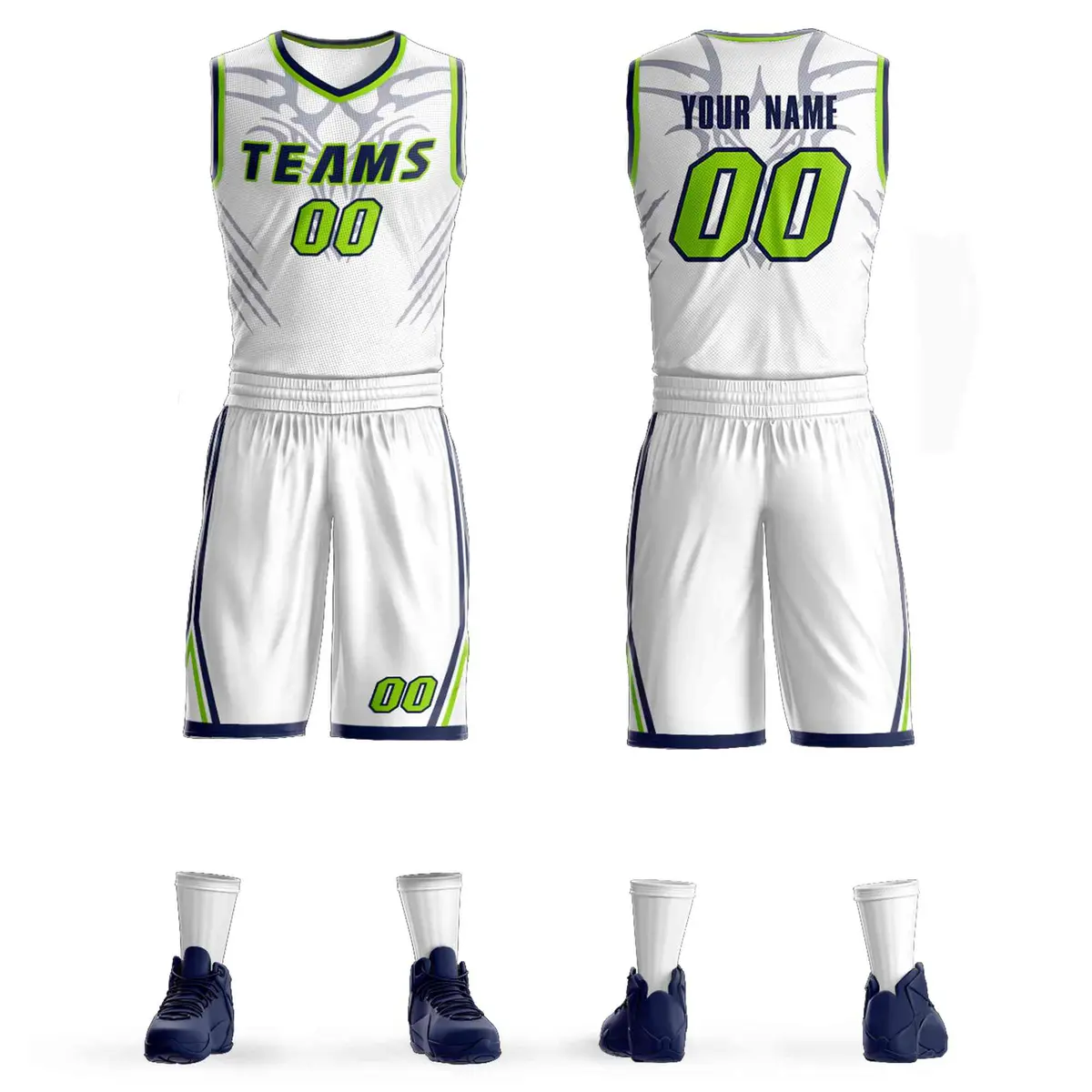 White Navy-Light Green Graffiti Claw Pattern Basketball Jersey