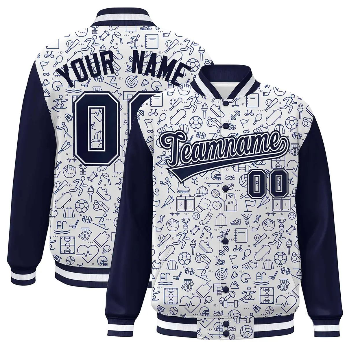 White Navy Line Graffiti Raglan Varsity Letterman Jacket