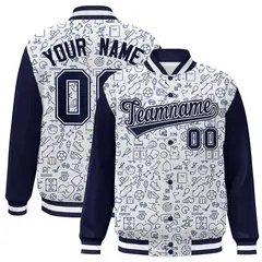 White Navy Line Graffiti Raglan Varsity Letterman Jacket