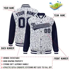 White Navy Line Graffiti Raglan Varsity Letterman Jacket 2