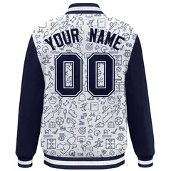 White Navy Line Graffiti Raglan Varsity Letterman Jacket 4