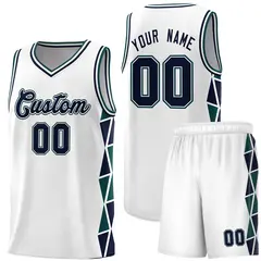 White Navy-Midnight Green Triangle Splicing Basketball Jersey