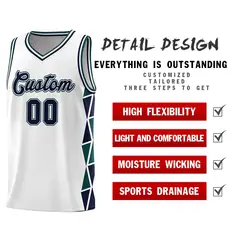 White Navy-Midnight Green Triangle Splicing Basketball Jersey 4
