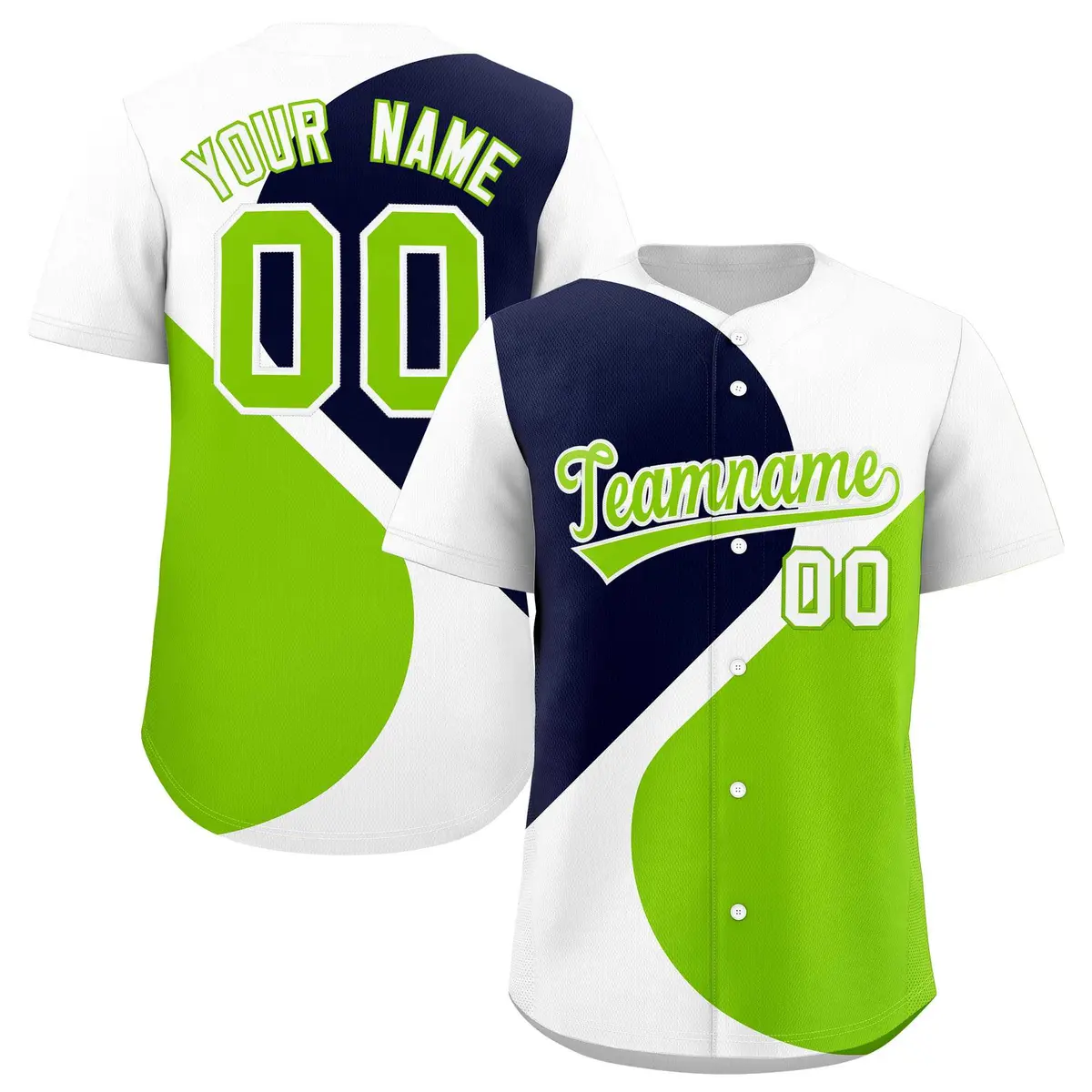 White Navy-Neon Green Color Block Half Heart Baseball Jersey