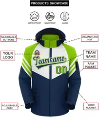 White Navy-Neon Green Color Block Hooded Waterproof Jacket 2