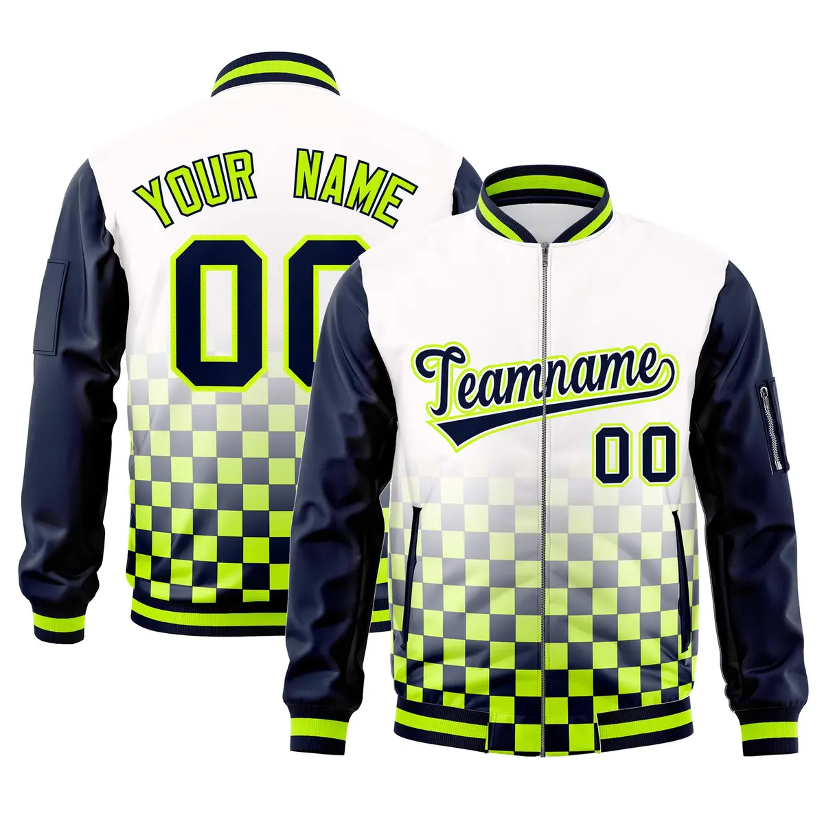 White Navy-Neon Green Grid Color Block Letterman Raglan Jacket