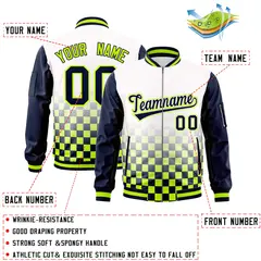 White Navy-Neon Green Grid Color Block Letterman Raglan Jacket 2