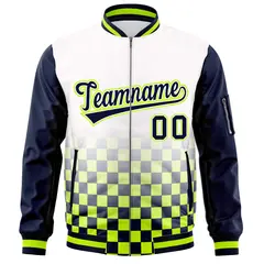 White Navy-Neon Green Grid Color Block Letterman Raglan Jacket 3