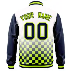 White Navy-Neon Green Grid Color Block Letterman Raglan Jacket 4