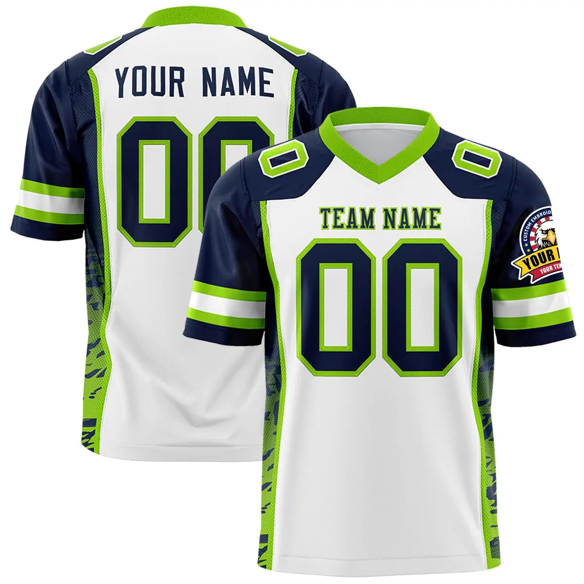 White Navy-Neon Green Raglan Side Pattern Football Jersey