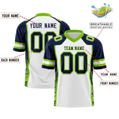 White Navy-Neon Green Raglan Side Pattern Football Jersey 2