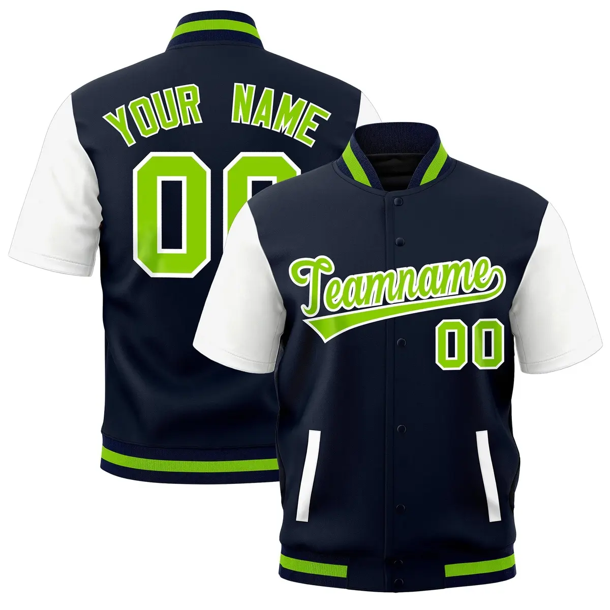 White Navy Neon Green Short Sleeve Full-Snap Varsity Jacket
