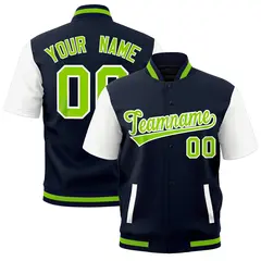 White Navy Neon Green Short Sleeve Full-Snap Varsity Jacket 1
