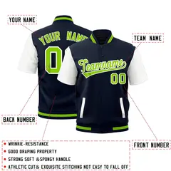 White Navy Neon Green Short Sleeve Full-Snap Varsity Jacket 2