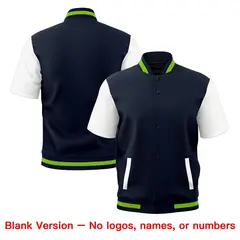 White Navy Neon Green Short Sleeve Full-Snap Varsity Jacket 7