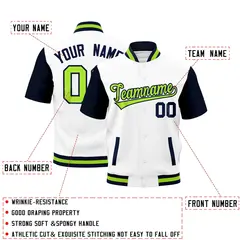White Navy Neon Green Short Sleeve Full-Snap Varsity Jacket 2