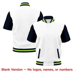 White Navy Neon Green Short Sleeve Full-Snap Varsity Jacket 7