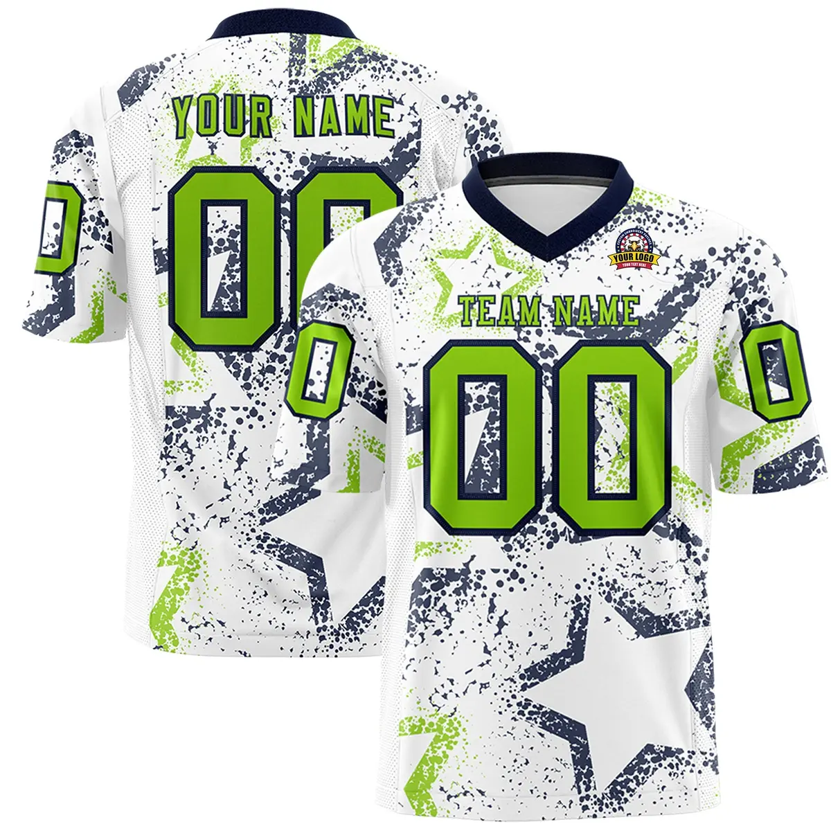 White Navy-Neon Green Star Graffiti Football Jersey