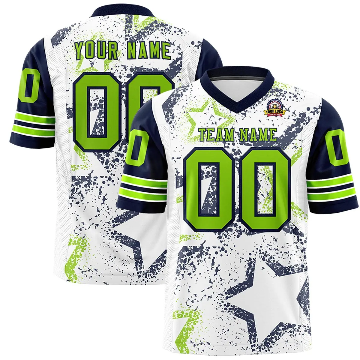 White Navy-Neon Green Star Pattern Authentic Football Jersey
