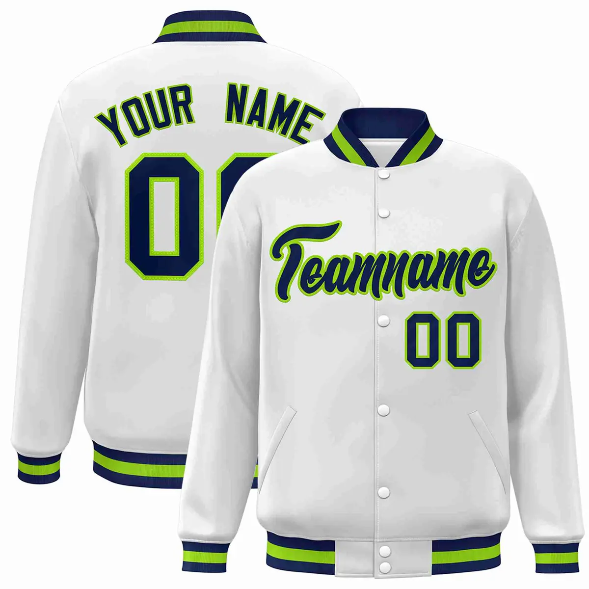 White Navy-Neon Green Varsity Full-Snap Letterman Jacket