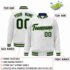 White Navy-Neon Green Varsity Full-Snap Letterman Jacket 2