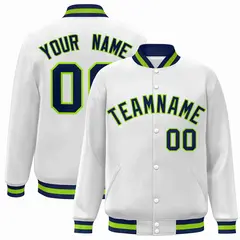 White Navy-Neon Green Varsity Full-Snap Letterman Jacket 1