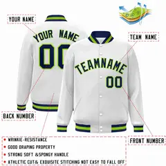 White Navy-Neon Green Varsity Full-Snap Letterman Jacket 2
