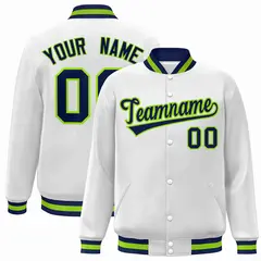 White Navy-Neon Green Varsity Full-Snap Letterman Jacket 1