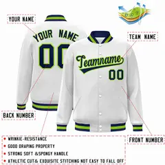 White Navy-Neon Green Varsity Full-Snap Letterman Jacket 2