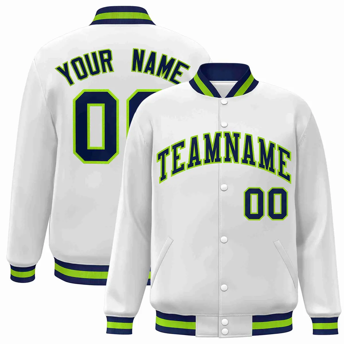 White Navy-Neon Green Varsity Full-Snap Letterman Jacket