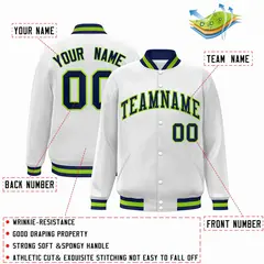 White Navy-Neon Green Varsity Full-Snap Letterman Jacket 2