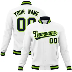 White Navy-Neon Green Varsity Full-Snap Letterman Jacket 1