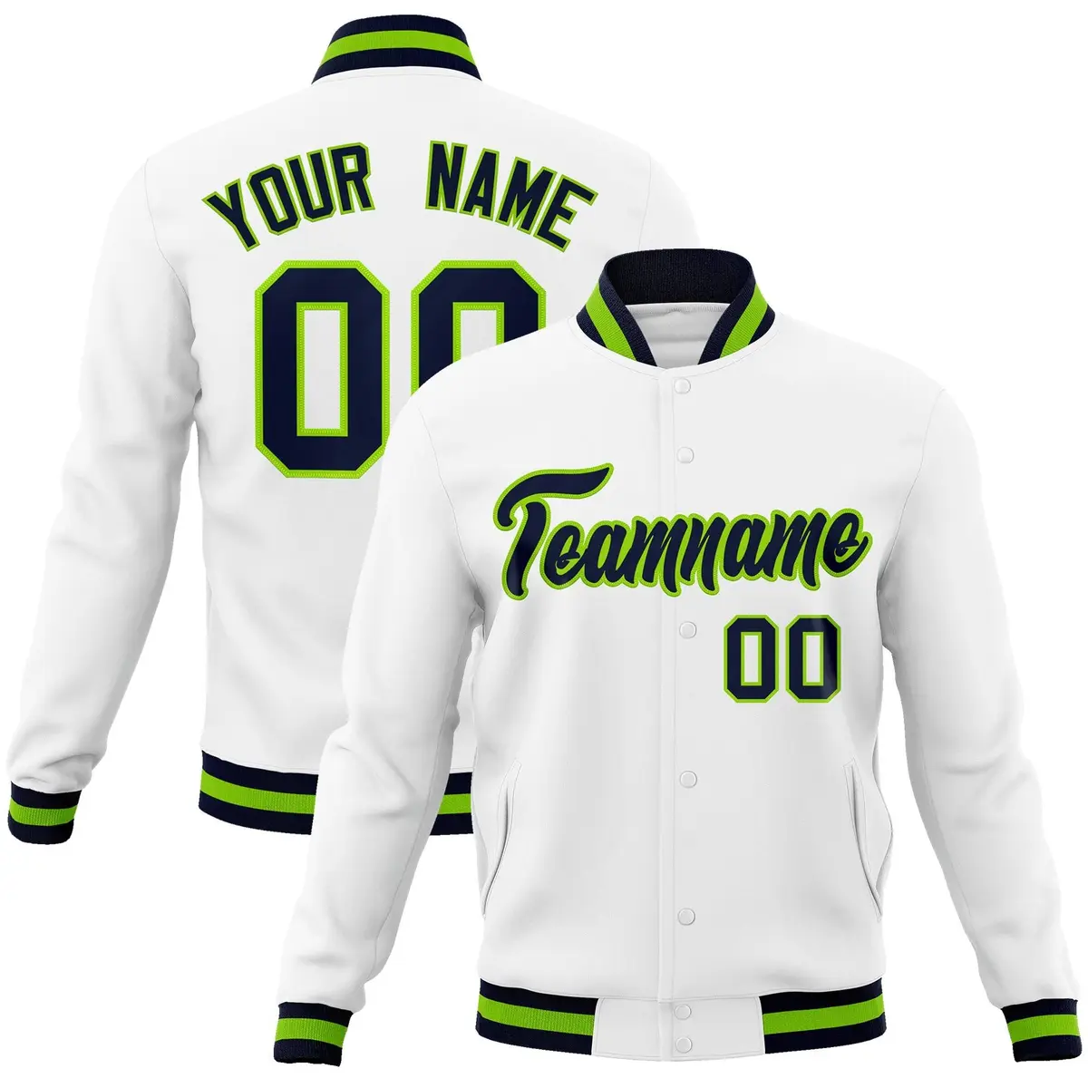 White Navy-Neon Green Varsity Full-Snap Letterman Jacket